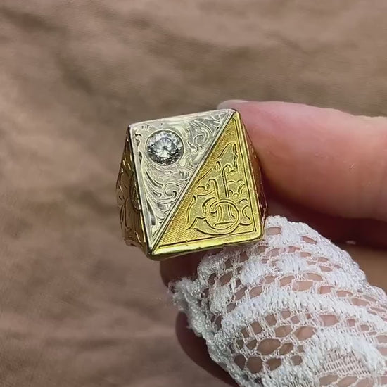 Vintage 1970s Filigree "T" Diamond Signet Ring in 18k Gold