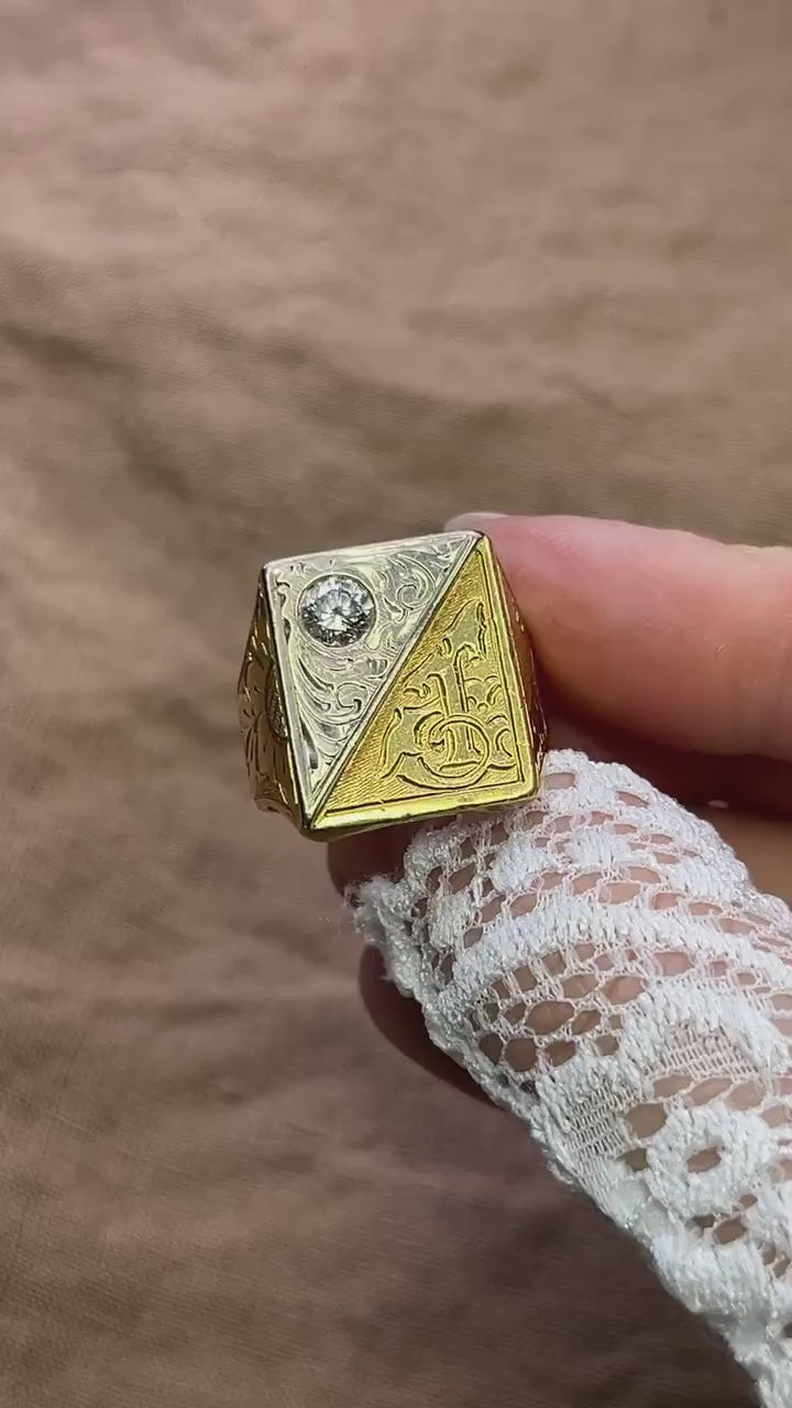 Vintage 1970s Filigree "T" Diamond Signet Ring in 18k Gold