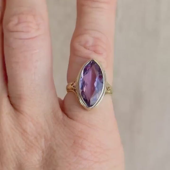 Vintage Amethyst Engagement Ring, Marquise Cut Solitaire, 14k Gold, Filigree Alternative Bridal Ring