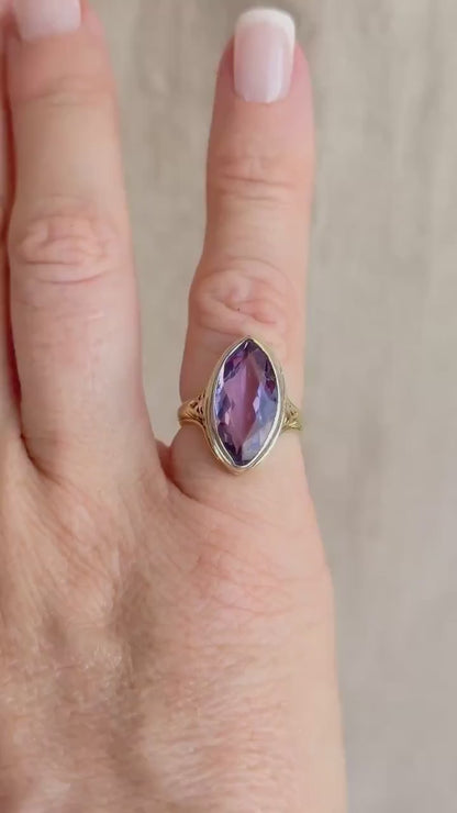 Vintage Amethyst Engagement Ring, Marquise Cut Solitaire, 14k Gold, Filigree Alternative Bridal Ring