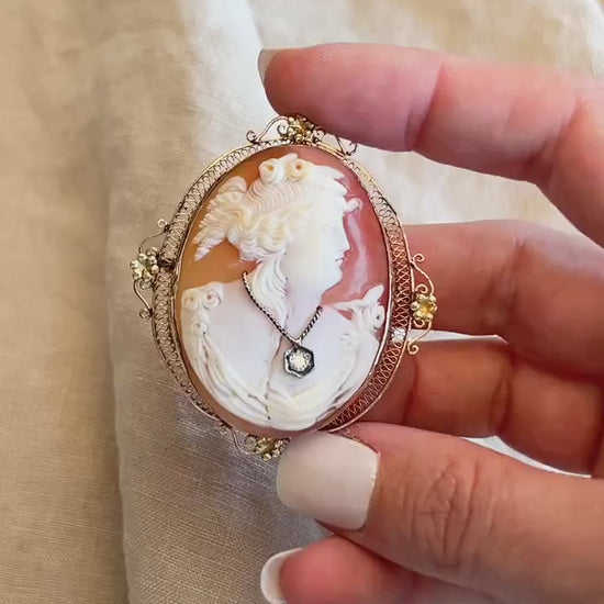 Vintage Cameo and Diamond Brooch in 14k Gold