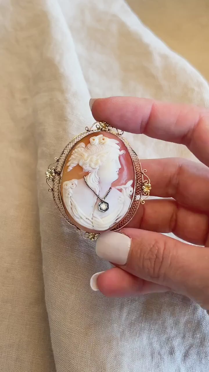 Vintage Cameo and Diamond Brooch in 14k Gold