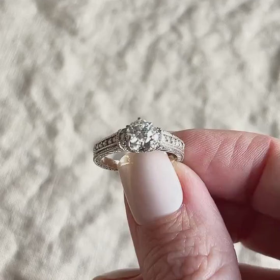 Vintage Diamond Engagement Ring, Round Cut, 18k White Gold, 2000s Ornate Filigree Cathedral
