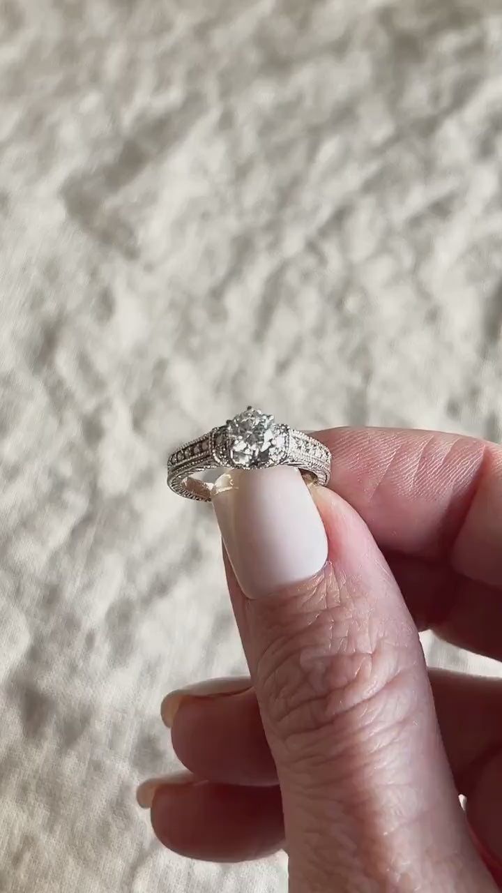 Vintage Diamond Engagement Ring, Round Cut, 18k White Gold, 2000s Ornate Filigree Cathedral