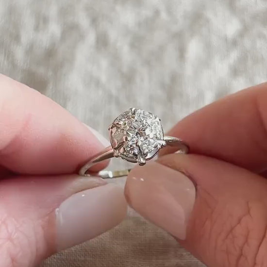 Vintage Diamond Halo Cluster Engagement Ring in 14k White Gold