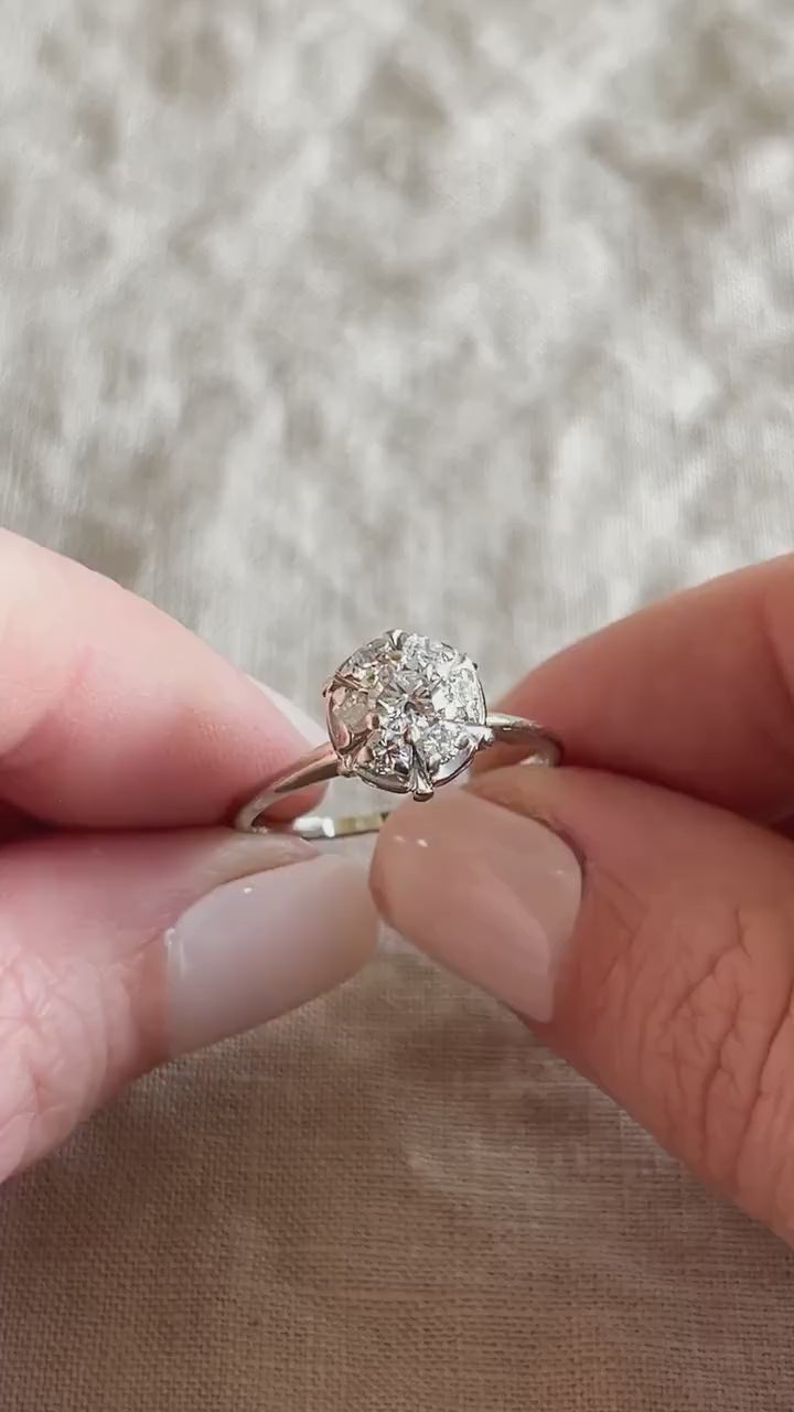 Vintage Diamond Halo Cluster Engagement Ring in 14k White Gold