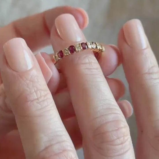 Vintage Ruby and Diamond Wedding Band 18k Gold, Prong Set Anniversary Ring, Stacking Band