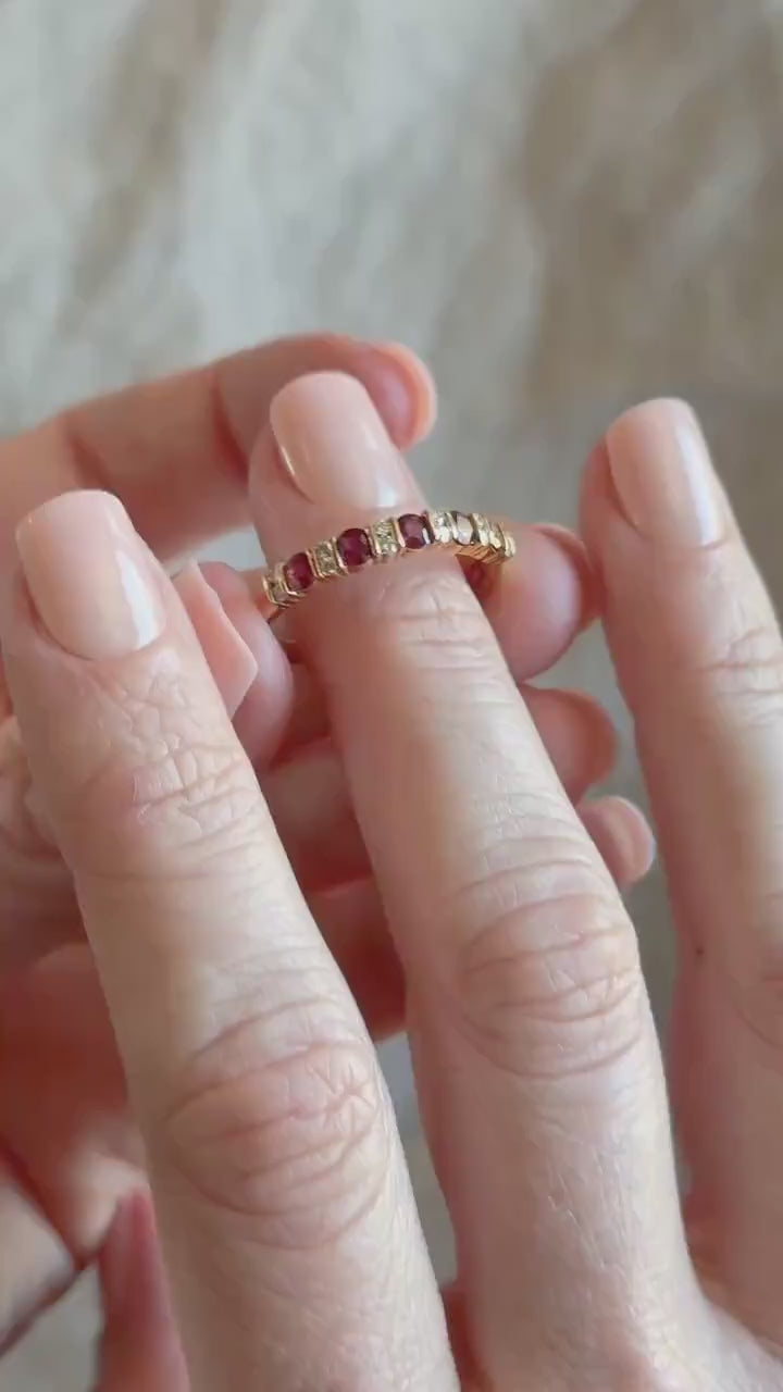 Vintage Ruby and Diamond Wedding Band 18k Gold, Prong Set Anniversary Ring, Stacking Band