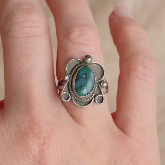 Vintage Turquoise Sterling Silver Scroll Statement Ring, Boho Jewelry