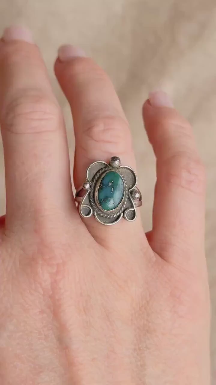 Vintage Turquoise Sterling Silver Scroll Statement Ring, Boho Jewelry