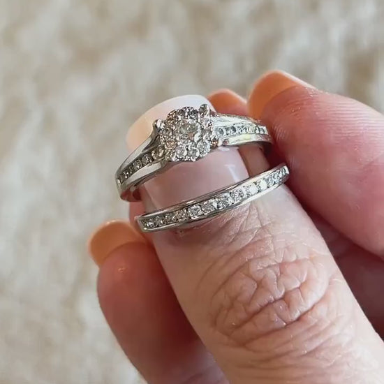 Vintage Diamond Engagement Ring, Round Cut, 14k White Gold, 2000s Halo Bridal Ring