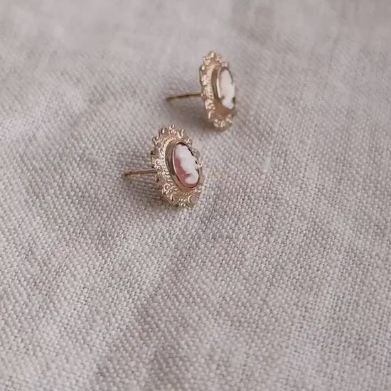 Vintage Cameo Earrings, 14k Gold, Stud Earrings, 1930s Art Deco, Gift for Her