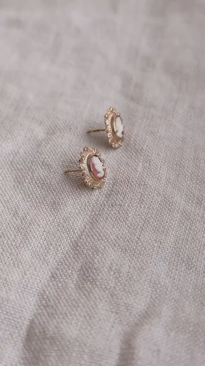 Vintage Cameo Earrings, 14k Gold, Stud Earrings, 1930s Art Deco, Gift for Her