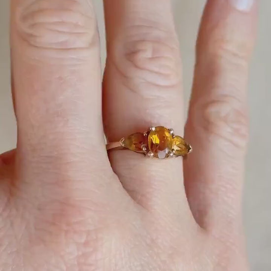 Vintage 1970s Three Stone Citrine Ring in 10k Gold