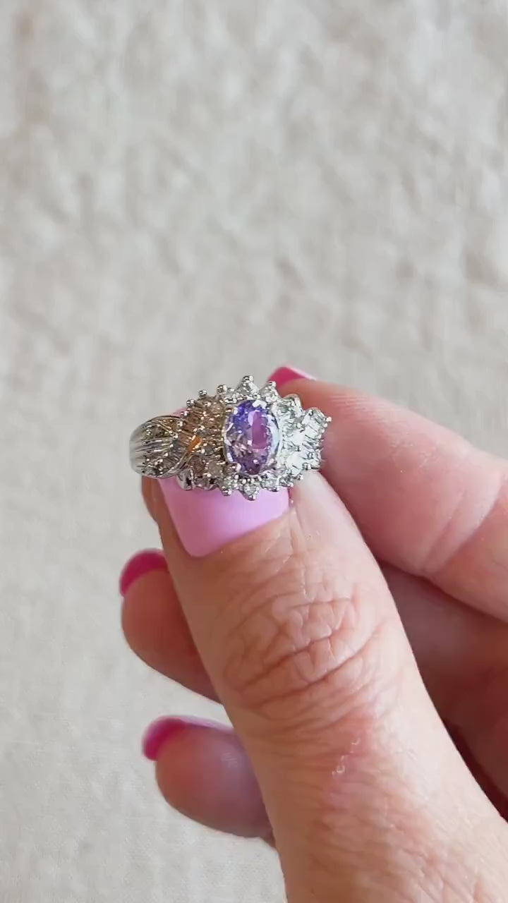 Vintage Tanzanite and Diamond Halo Gemstone Ring in 14k White Gold