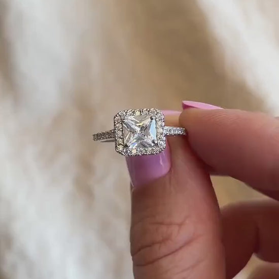 Cubic Zirconia Engagement Ring, Princess Cut, Sterling Silver, Square Halo Prong Setting