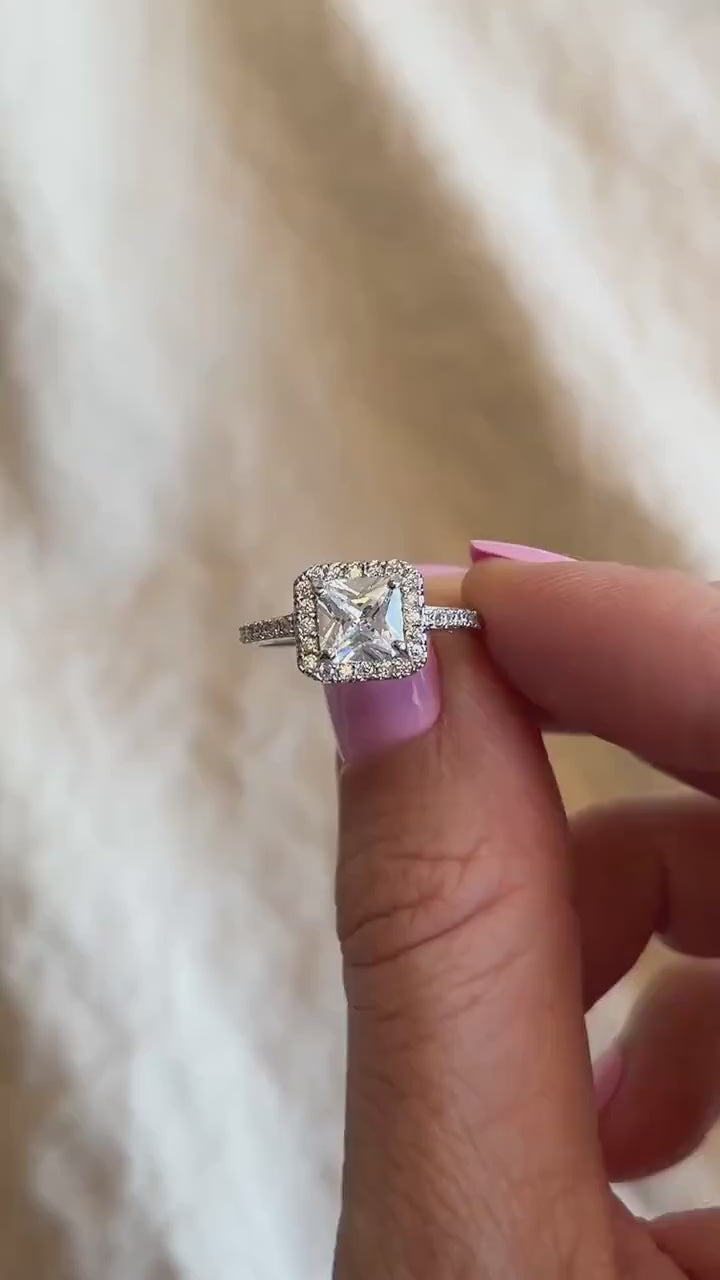 Cubic Zirconia Engagement Ring, Princess Cut, Sterling Silver, Square Halo Prong Setting