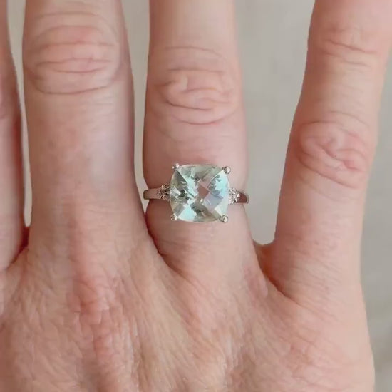 Vintage Prasiolite and Diamond Engagement Ring, Cushion Cut, 10k White Gold, Alternative Bridal Ring
