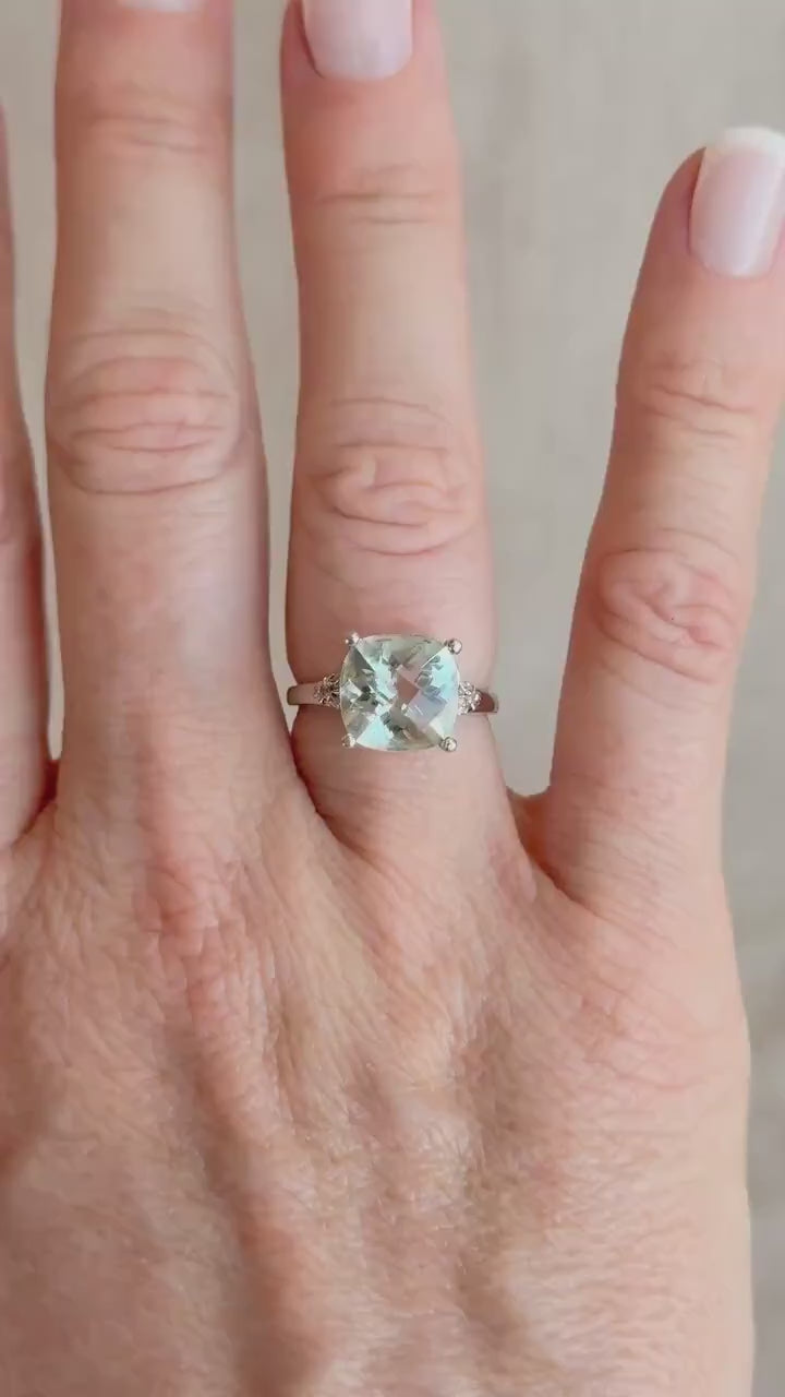 Vintage Prasiolite and Diamond Engagement Ring, Cushion Cut, 10k White Gold, Alternative Bridal Ring