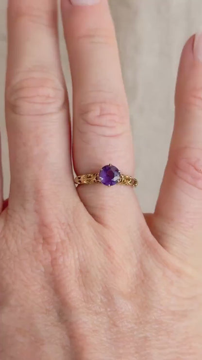 Vintage Amethyst Engagement Ring, Round Cut Solitaire, 14k Gold, Filigree Alternative Bridal Ring
