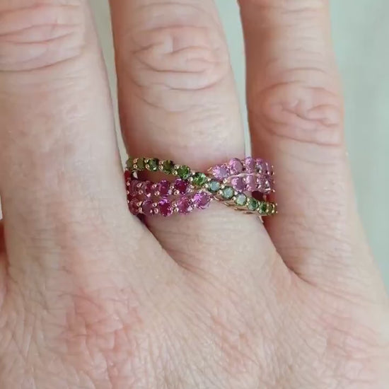 Vintage Tourmaline Ring, 10k Rose Gold, Twist Band Statement Ring, Unique Bold Jewelry