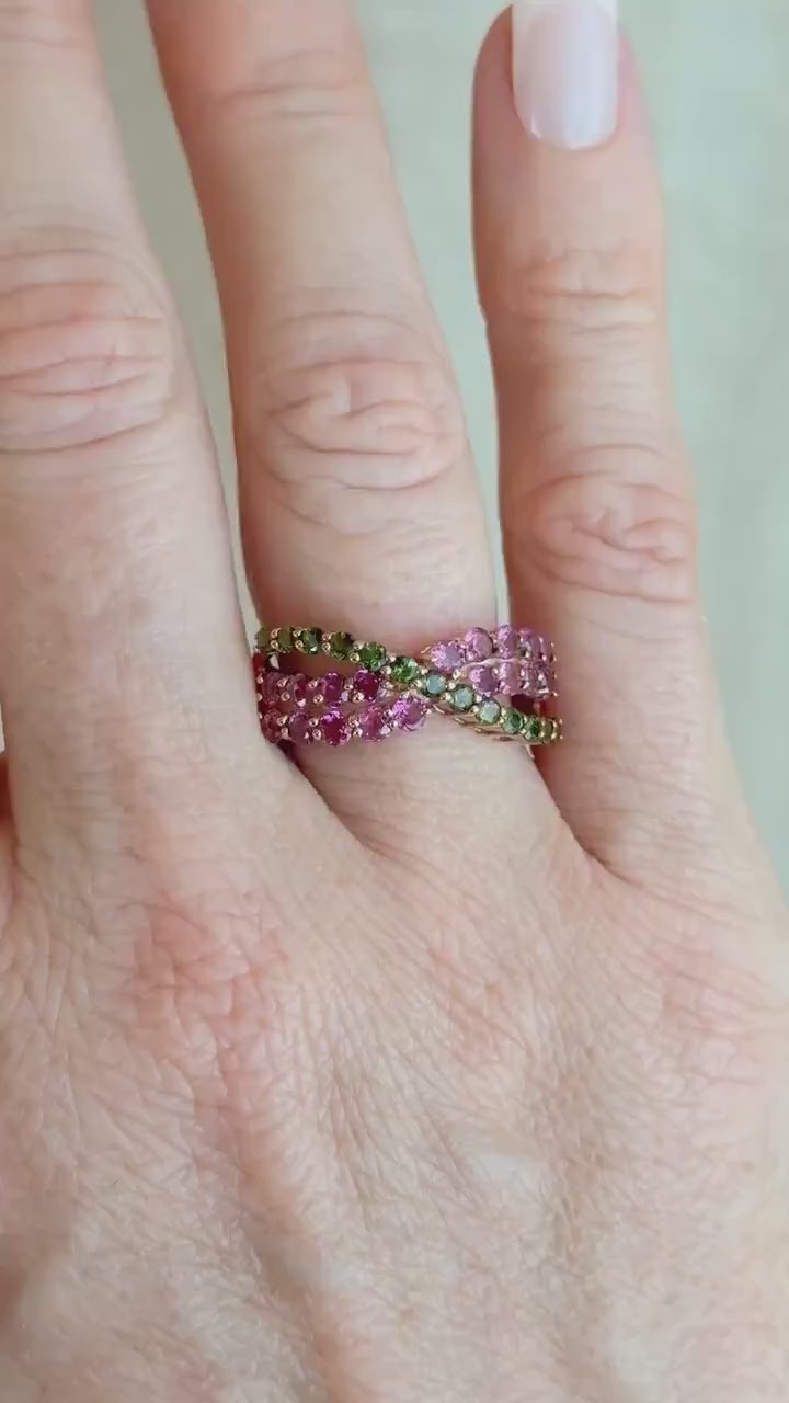 Vintage Tourmaline Ring, 10k Rose Gold, Twist Band Statement Ring, Unique Bold Jewelry