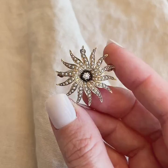 Vintage Diamond Sunburst Brooch in 14k Gold