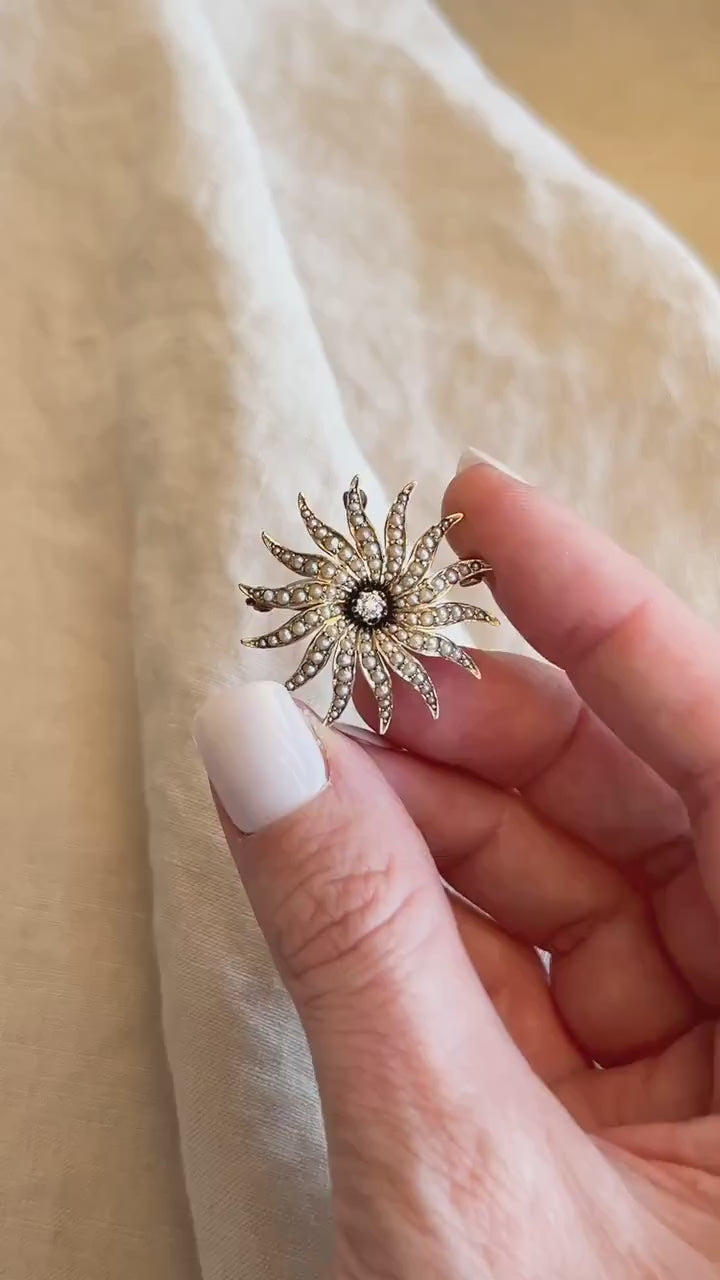 Vintage Diamond Sunburst Brooch in 14k Gold