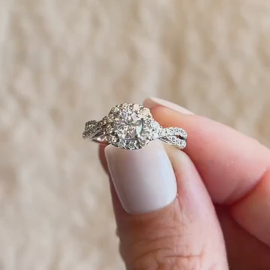 Vintage Diamond Engagement Ring, Round Cut, 14k White Gold, 1990s Halo Infinity Bridal Ring