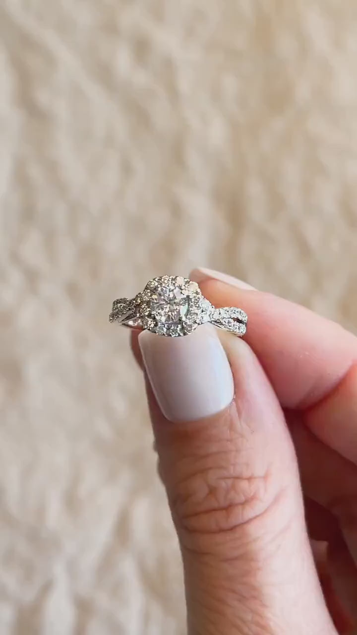 Vintage Diamond Engagement Ring, Round Cut, 14k White Gold, 1990s Halo Infinity Bridal Ring