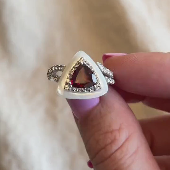 Vintage Garnet Ring Sterling Silver, Triangle Statement Ring, Boho Mother of Pearl Jewelry