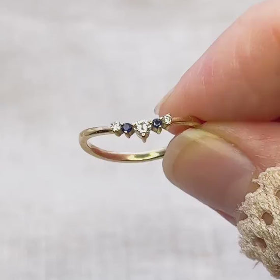 Vintage 1990s Diamond & Sapphire Ring, 14k Gold Curved Chevron Wedding Band • One-of-a-kind Jewelry