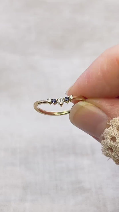 Vintage 1990s Diamond & Sapphire Ring, 14k Gold Curved Chevron Wedding Band • One-of-a-kind Jewelry