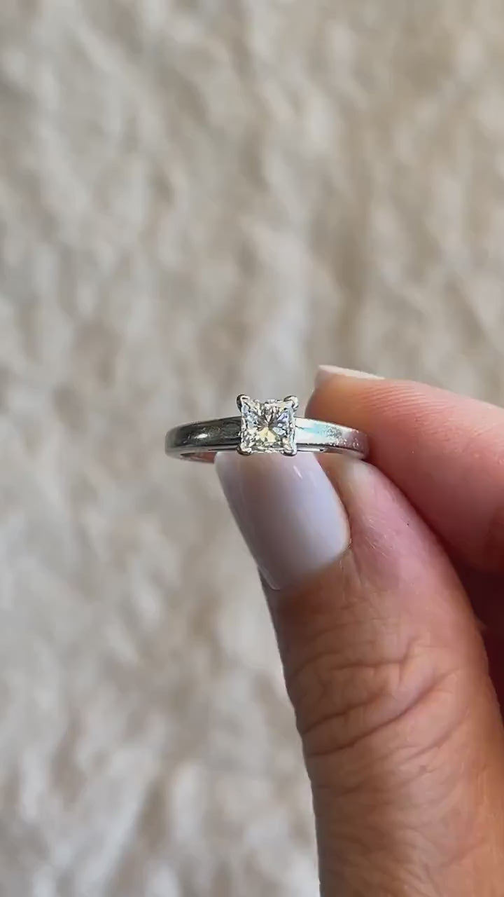 Vintage Princess Cut Diamond Solitaire Engagement Ring in 14k White Gold