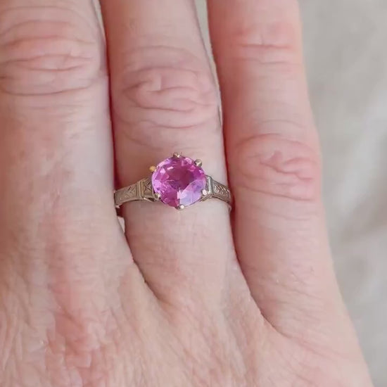 Vintage Art Deco Pink Sapphire Gemstone Solitaire Ring in 10k Gold