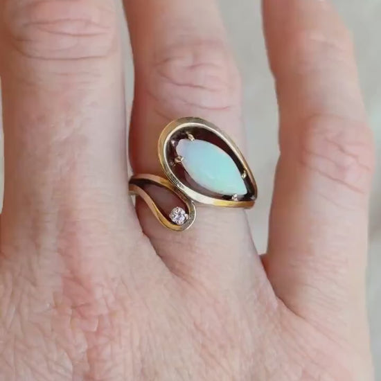Vintage 1970s Marquise Opal & Diamond Ring in 14k Gold