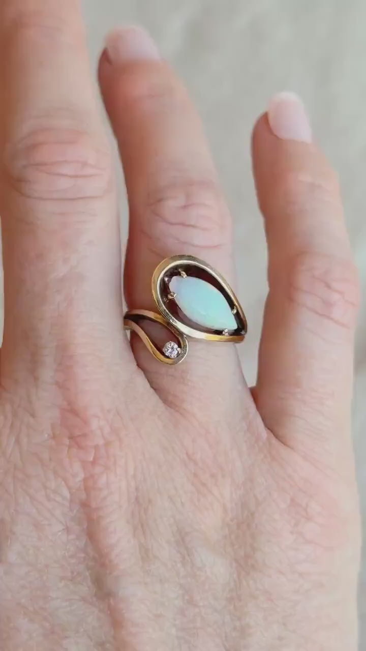 Vintage 1970s Marquise Opal & Diamond Ring in 14k Gold