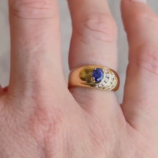 Vintage Sapphire and Diamond Ring, 18k Gold, Oval Sapphire Statement Band, Asymmetrical Wave