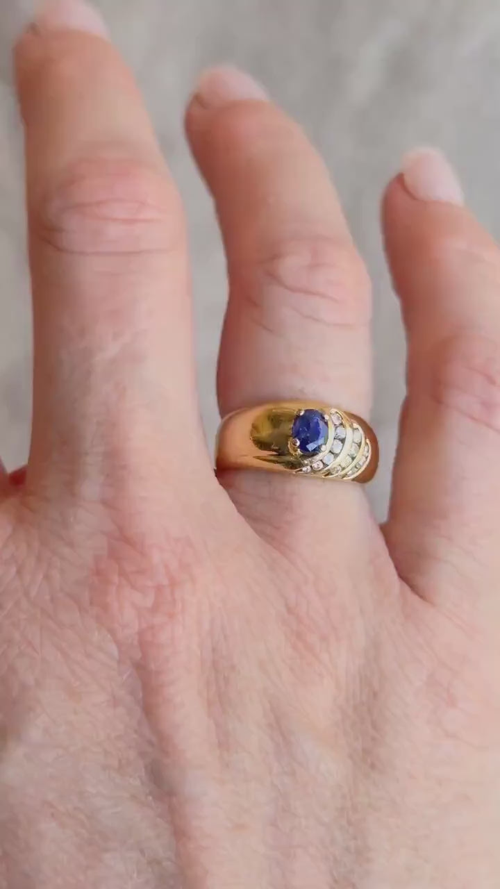 Vintage Sapphire and Diamond Ring, 18k Gold, Oval Sapphire Statement Band, Asymmetrical Wave