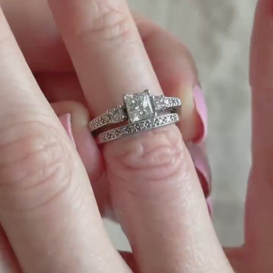 Vintage Diamond Engagement & Wedding Ring, Princess Cut, 14k White Gold, 1990s Three-Stone, Bridal Set