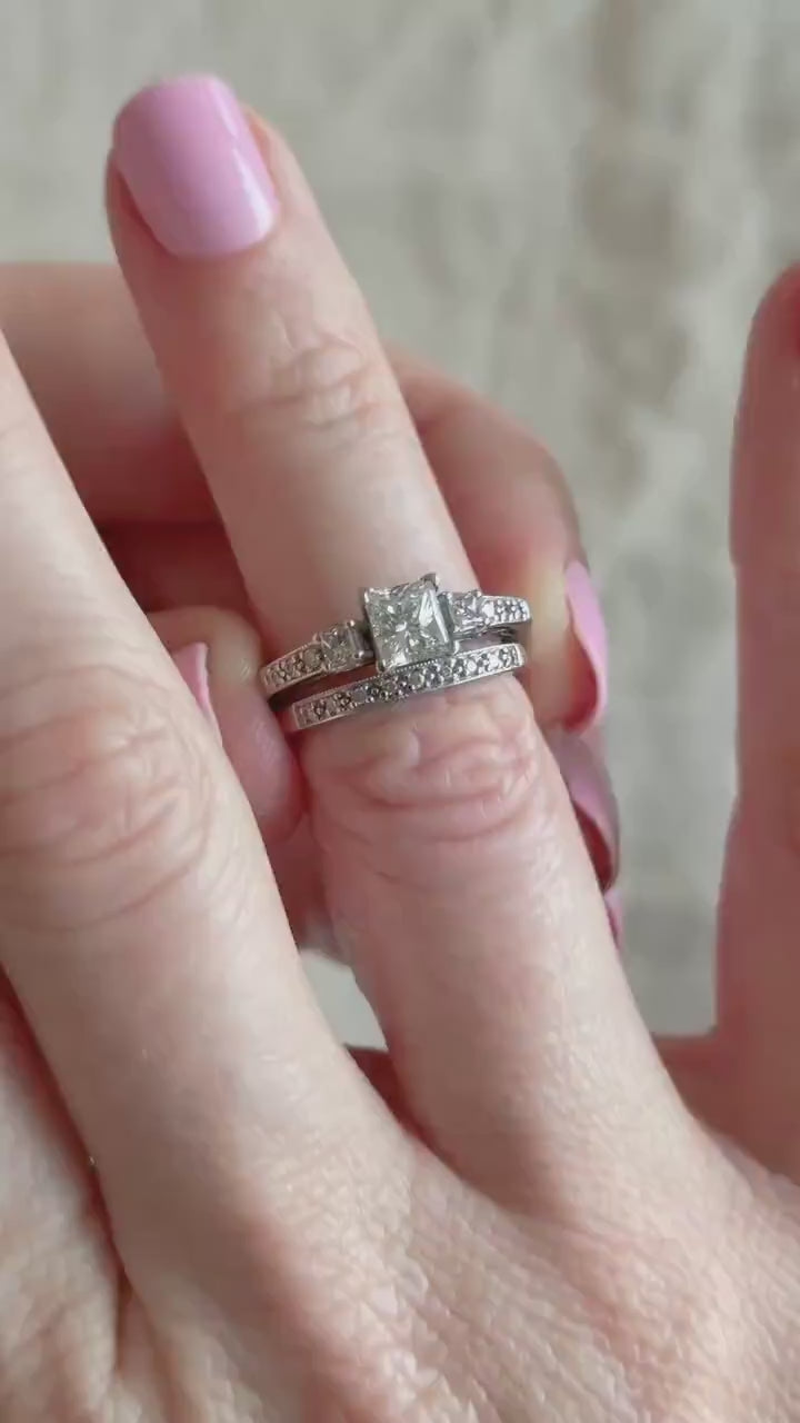 Vintage Diamond Engagement & Wedding Ring, Princess Cut, 14k White Gold, 1990s Three-Stone, Bridal Set