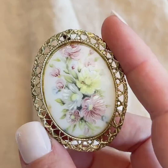 Vintage Floral Painted Porcelain Brooch in Gold Plate