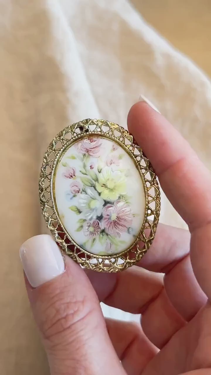 Vintage Floral Painted Porcelain Brooch in Gold Plate