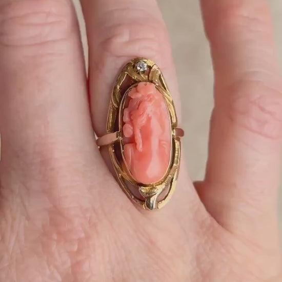 Antique 1920s Coral Cameo Ring in 10k Gold
