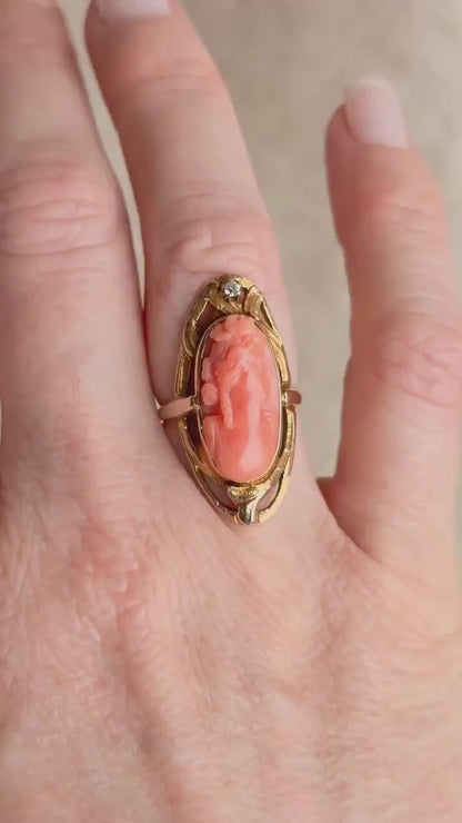 Antique 1920s Coral Cameo Ring in 10k Gold
