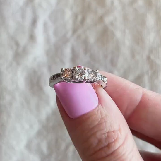 Vintage Diamond Three Stone Engagement Ring in 14k White Gold