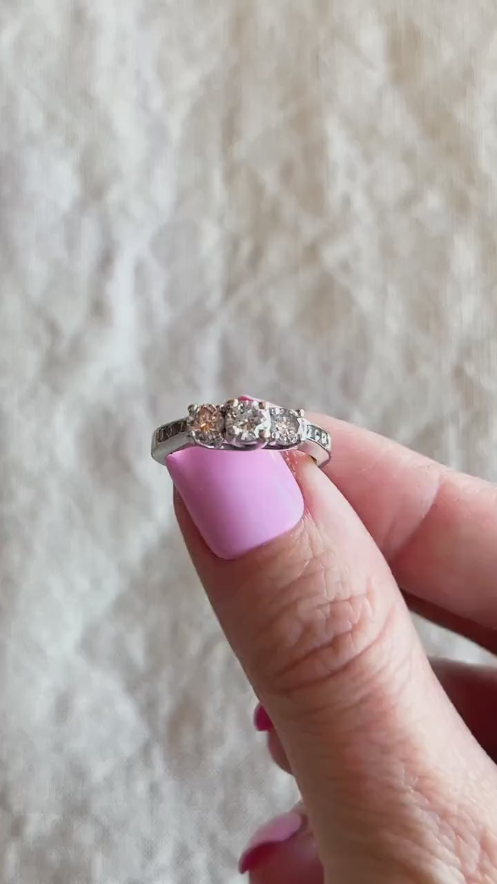 Vintage Diamond Three Stone Engagement Ring in 14k White Gold