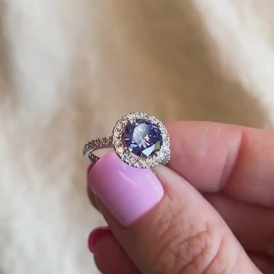 Vintage Cubic Zirconia Engagement Ring, Round Cut, Sterling Silver, 2000s Purple Halo Design