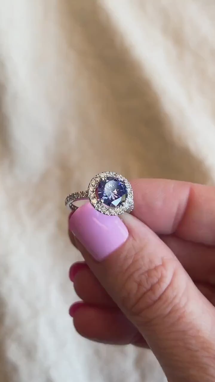 Vintage Cubic Zirconia Engagement Ring, Round Cut, Sterling Silver, 2000s Purple Halo Design