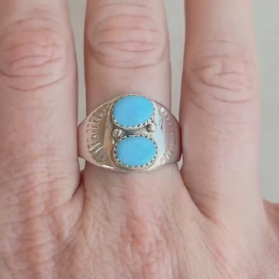 Vintage Turquoise Ring Sterling Silver, Two-Stone Bezel Statement Ring, Boho Everyday Jewelry